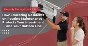 Technician showing Utah tenant how to change a ductless mini-split HVAC filter for rental property preventive maintenance.