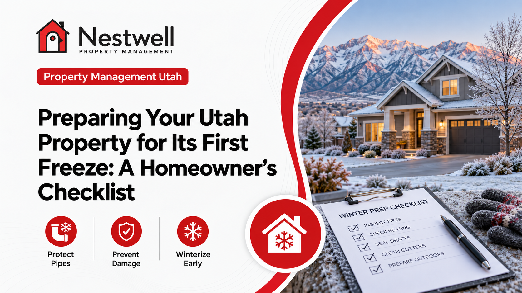 Nestwell Property Management cover graphic titled Preparing Your Utah Property for Its First Freeze: A Homeowner’s Checklist, featuring a snow-dusted Utah home against mountains and a winter prep checklist clipboard.